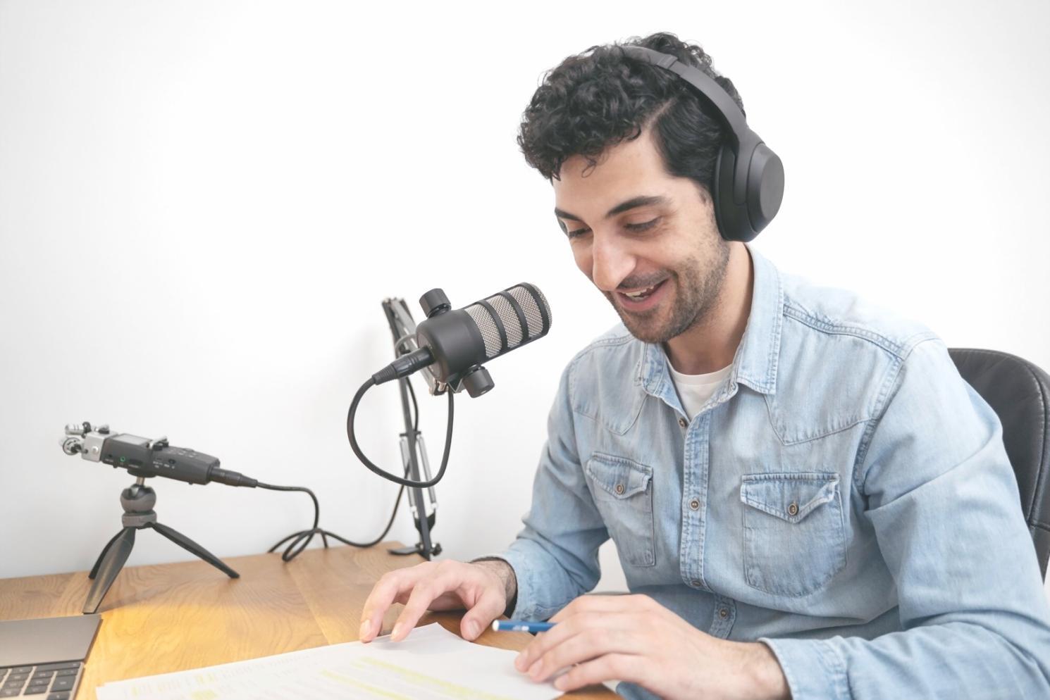 Reporter interviewing subject in a professional setting